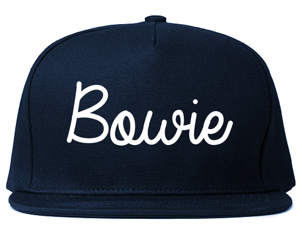 Bowie Texas TX Script Mens Snapback Hat Navy Blue