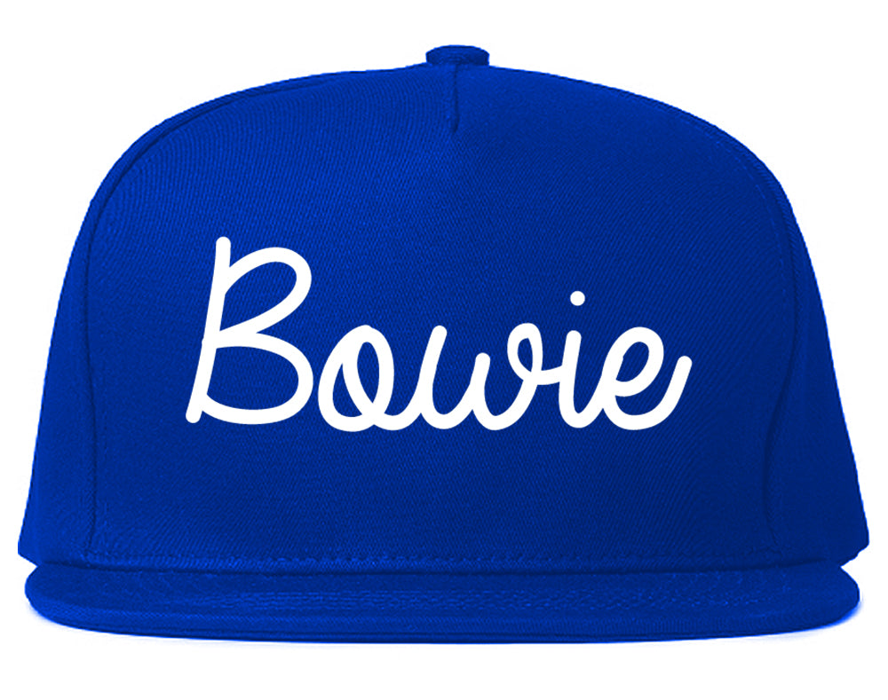 Bowie Texas TX Script Mens Snapback Hat Royal Blue