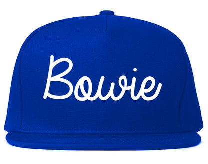Bowie Texas TX Script Mens Snapback Hat Royal Blue