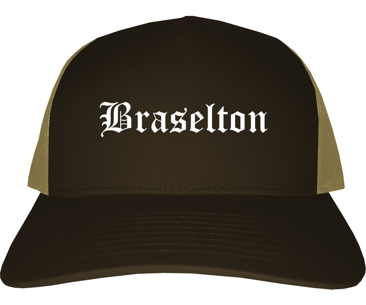 Braselton Georgia GA Old English Mens Trucker Hat Cap Brown