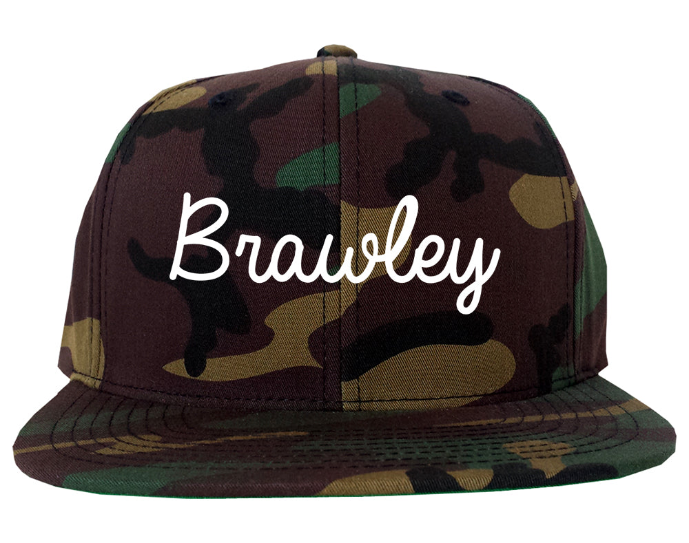 Brawley California CA Script Mens Snapback Hat Army Camo