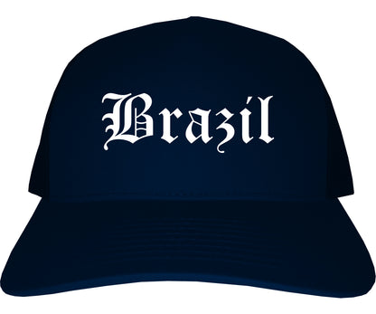 Brazil Indiana IN Old English Mens Trucker Hat Cap Navy Blue