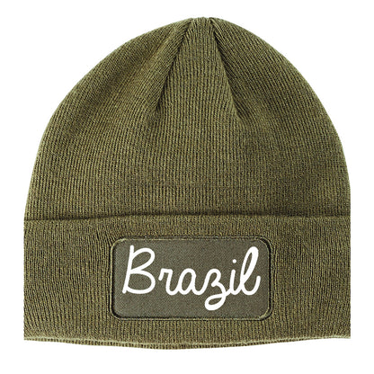 Brazil Indiana IN Script Mens Knit Beanie Hat Cap Olive Green