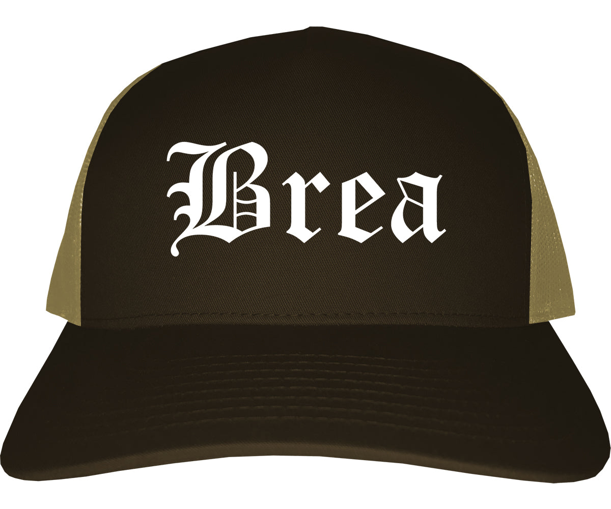 Brea California CA Old English Mens Trucker Hat Cap Brown