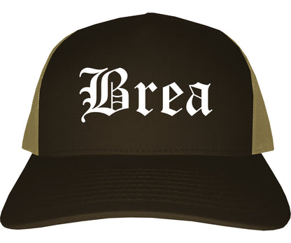 Brea California CA Old English Mens Trucker Hat Cap Brown