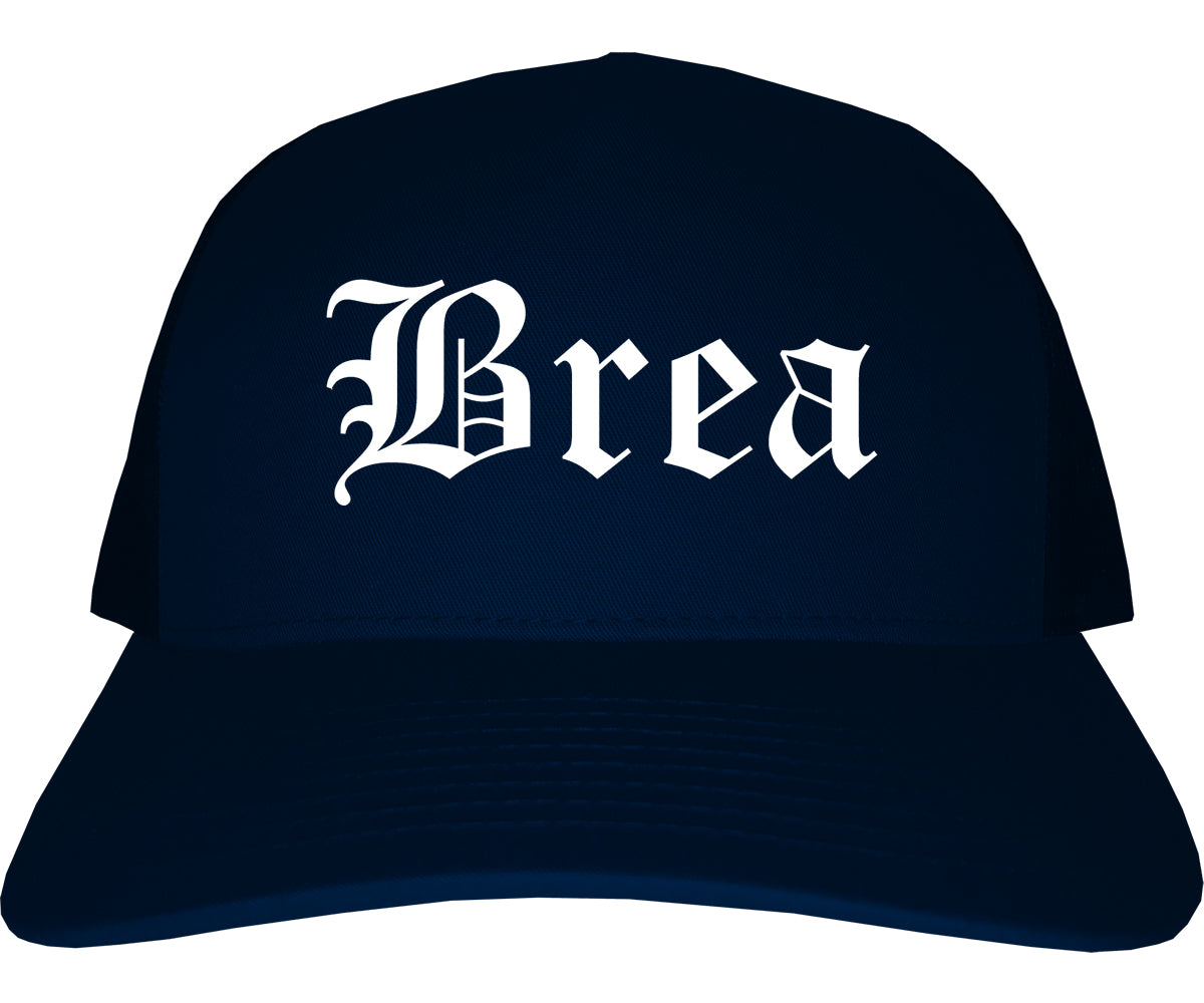 Brea California CA Old English Mens Trucker Hat Cap Navy Blue
