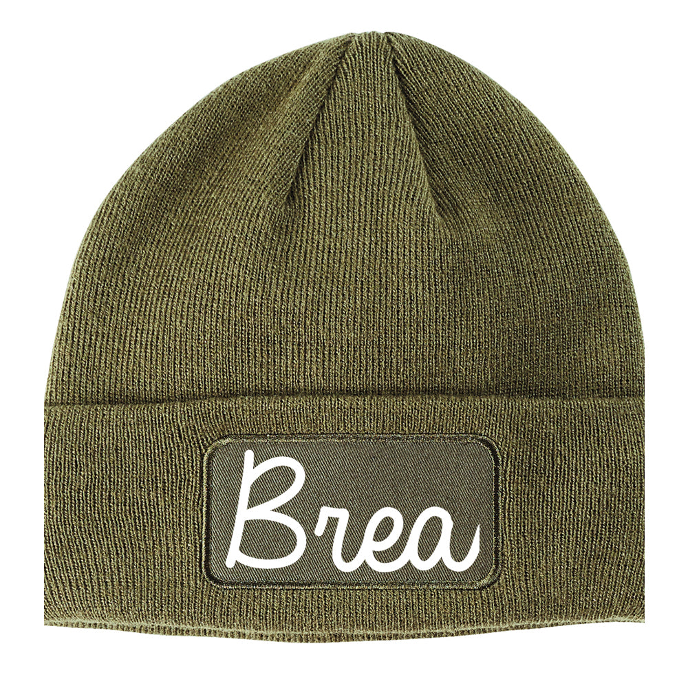 Brea California CA Script Mens Knit Beanie Hat Cap Olive Green
