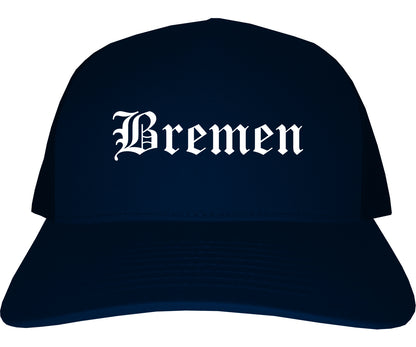 Bremen Indiana IN Old English Mens Trucker Hat Cap Navy Blue