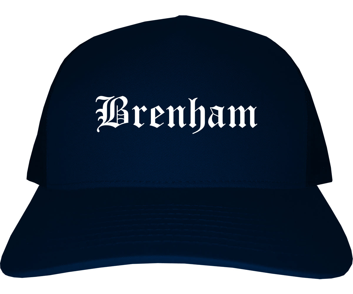 Brenham Texas TX Old English Mens Trucker Hat Cap Navy Blue