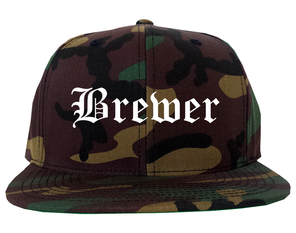 Brewer Maine ME Old English Mens Snapback Hat Army Camo