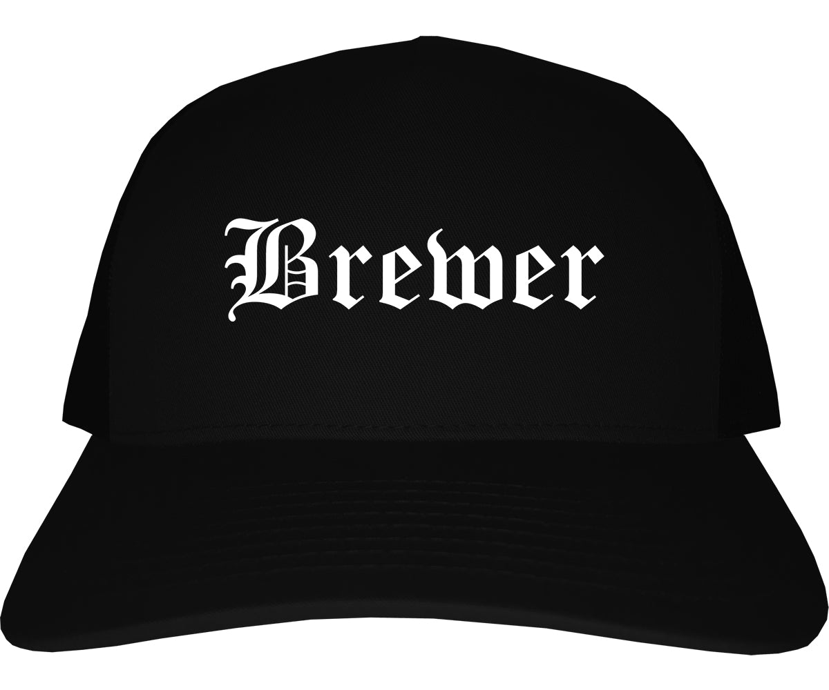 Brewer Maine ME Old English Mens Trucker Hat Cap Black