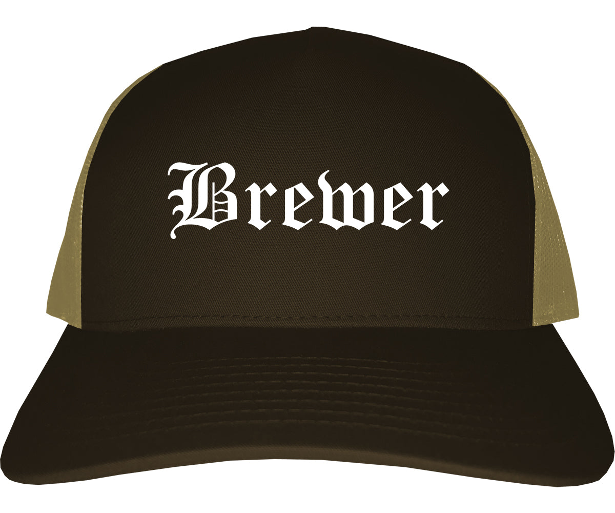 Brewer Maine ME Old English Mens Trucker Hat Cap Brown