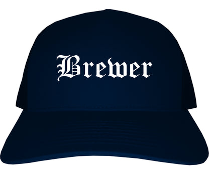 Brewer Maine ME Old English Mens Trucker Hat Cap Navy Blue