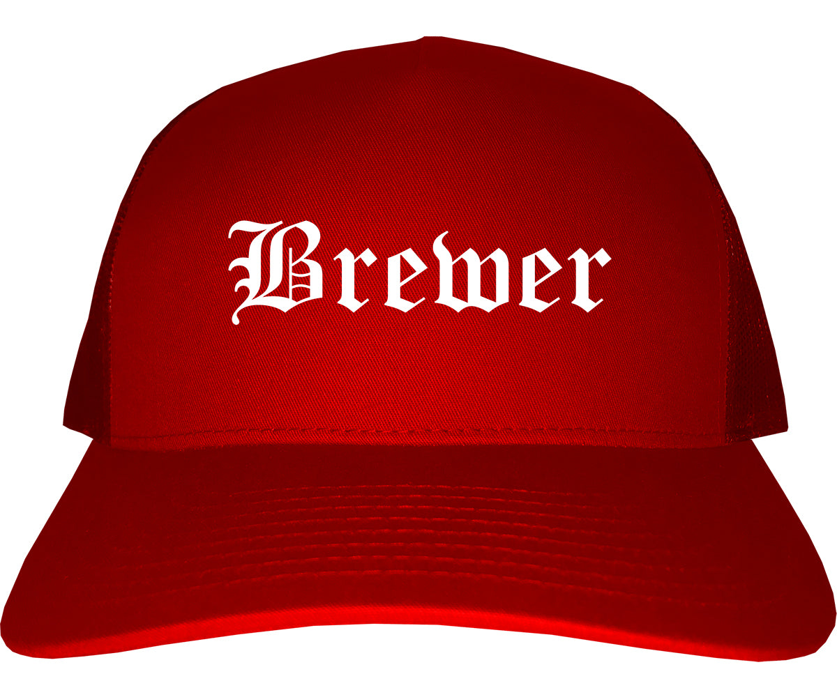 Brewer Maine ME Old English Mens Trucker Hat Cap Red