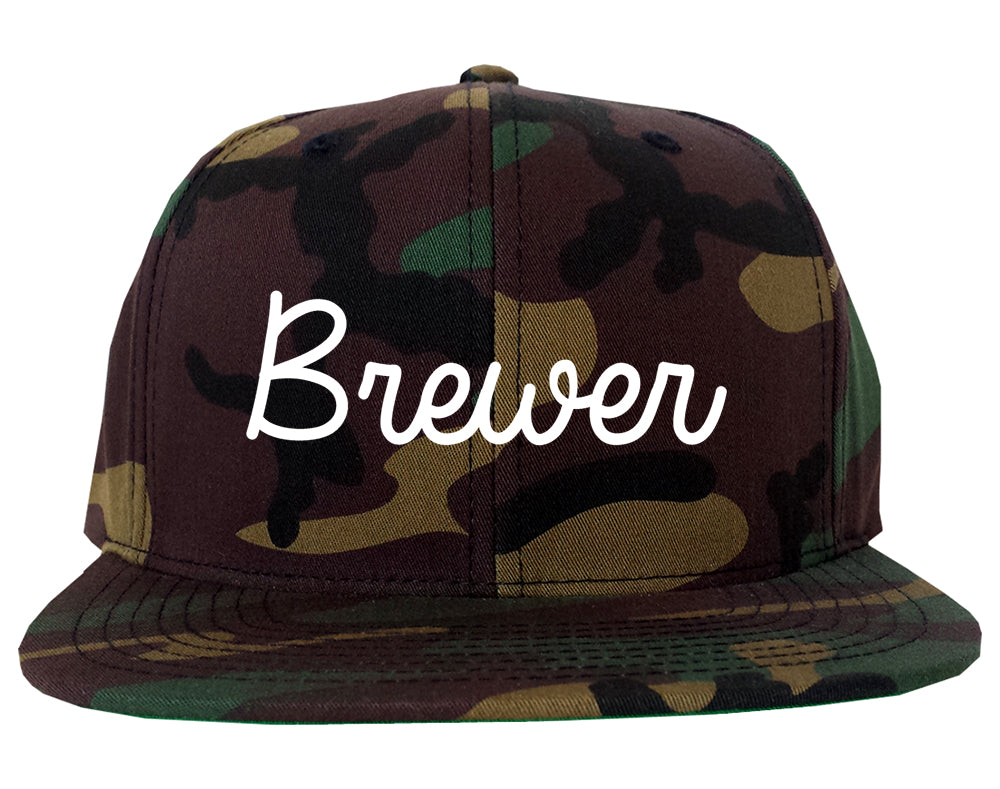 Brewer Maine ME Script Mens Snapback Hat Army Camo
