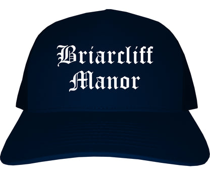 Briarcliff Manor New York NY Old English Mens Trucker Hat Cap Navy Blue
