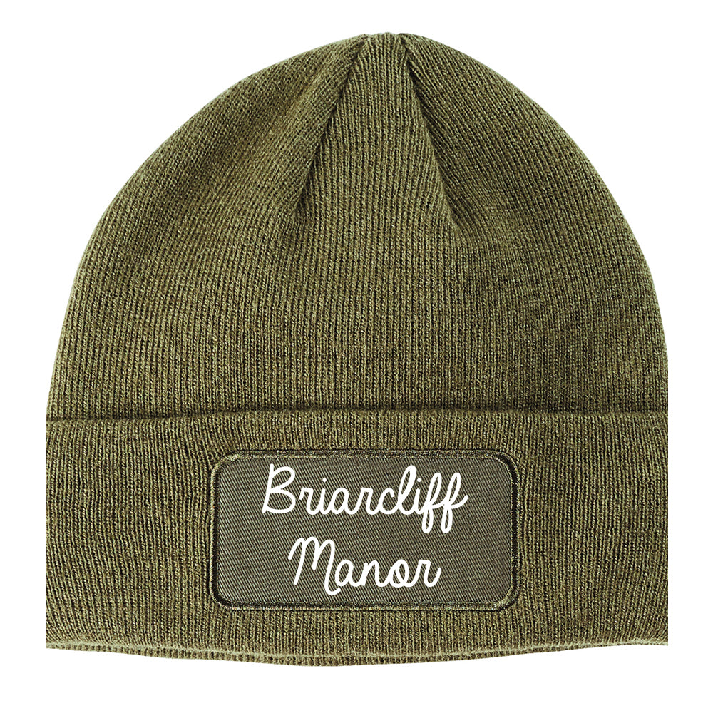 Briarcliff Manor New York NY Script Mens Knit Beanie Hat Cap Olive Green