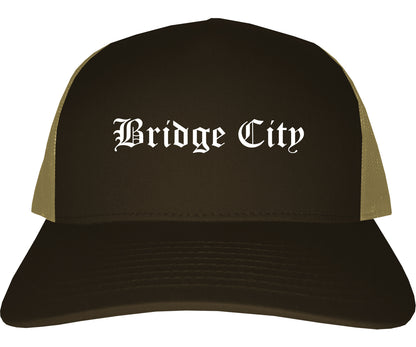 Bridge City Texas TX Old English Mens Trucker Hat Cap Brown