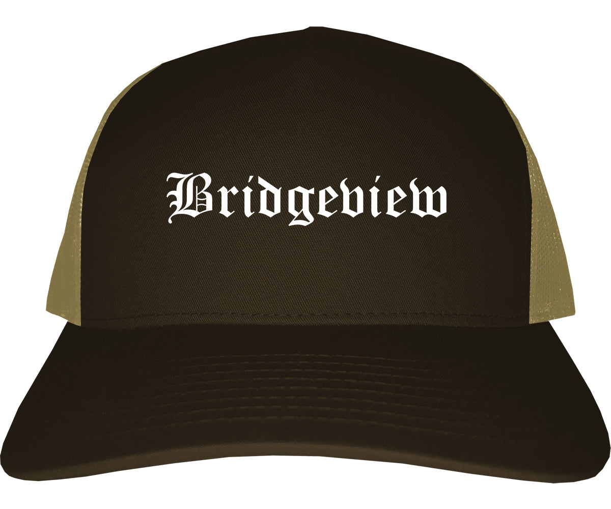 Bridgeview Illinois IL Old English Mens Trucker Hat Cap Brown