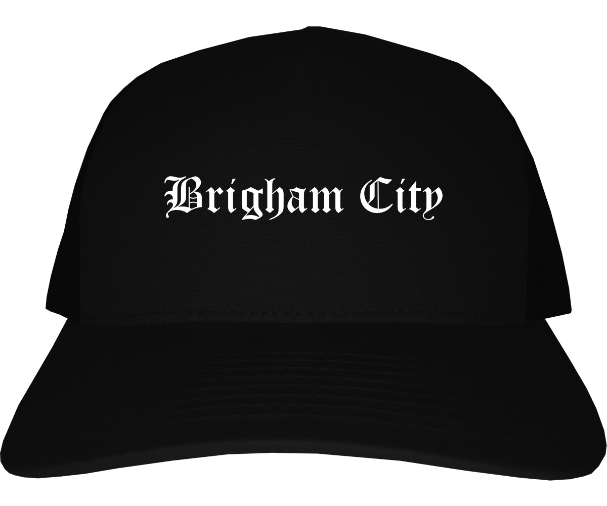 Brigham City Utah UT Old English Mens Trucker Hat Cap Black