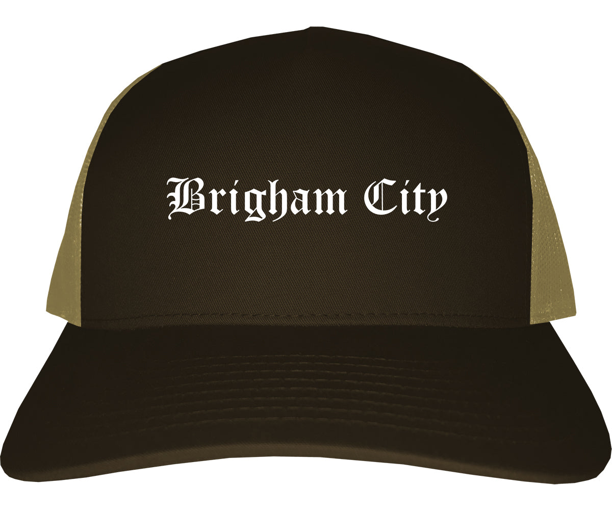 Brigham City Utah UT Old English Mens Trucker Hat Cap Brown