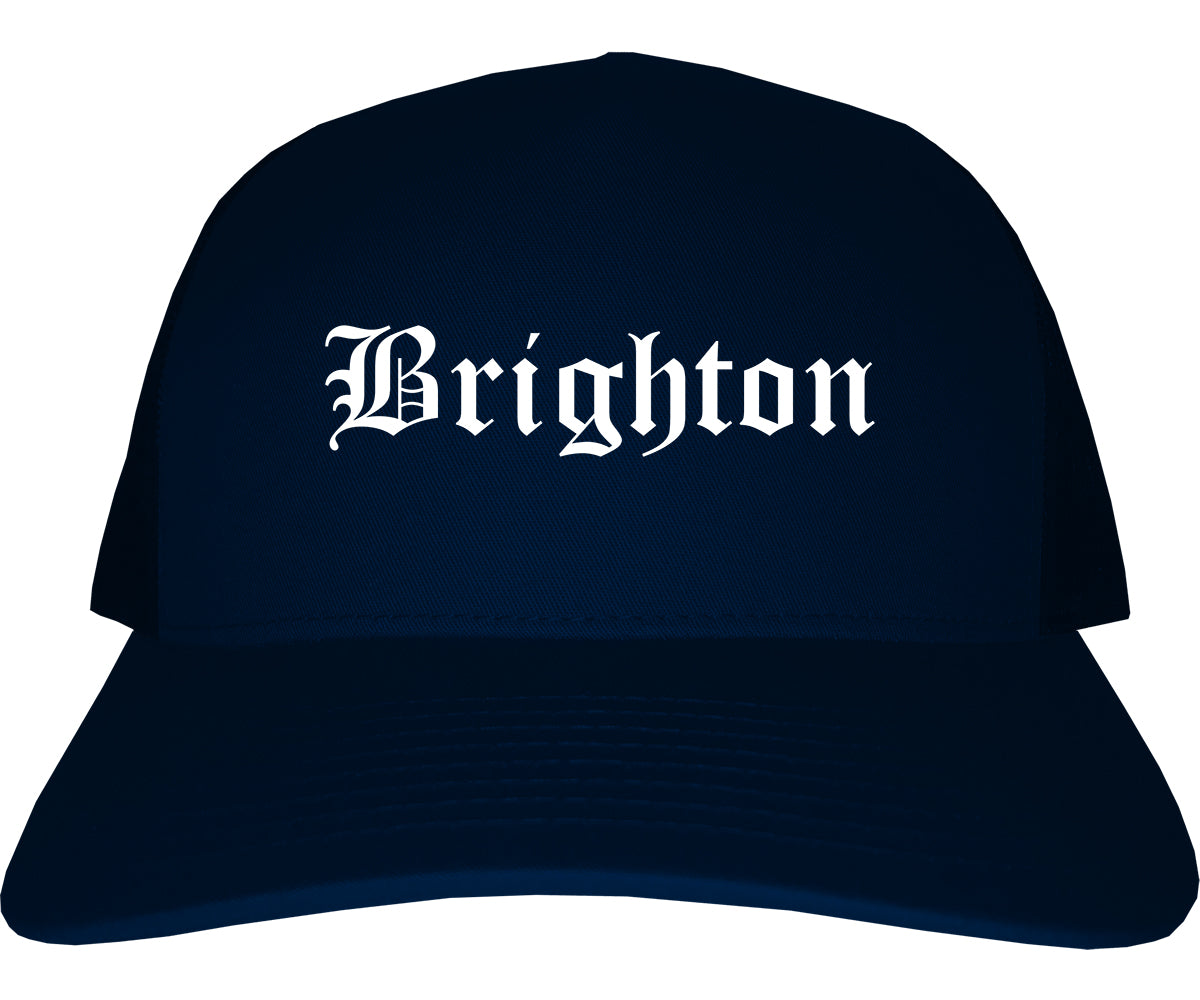 Brighton Michigan MI Old English Mens Trucker Hat Cap Navy Blue