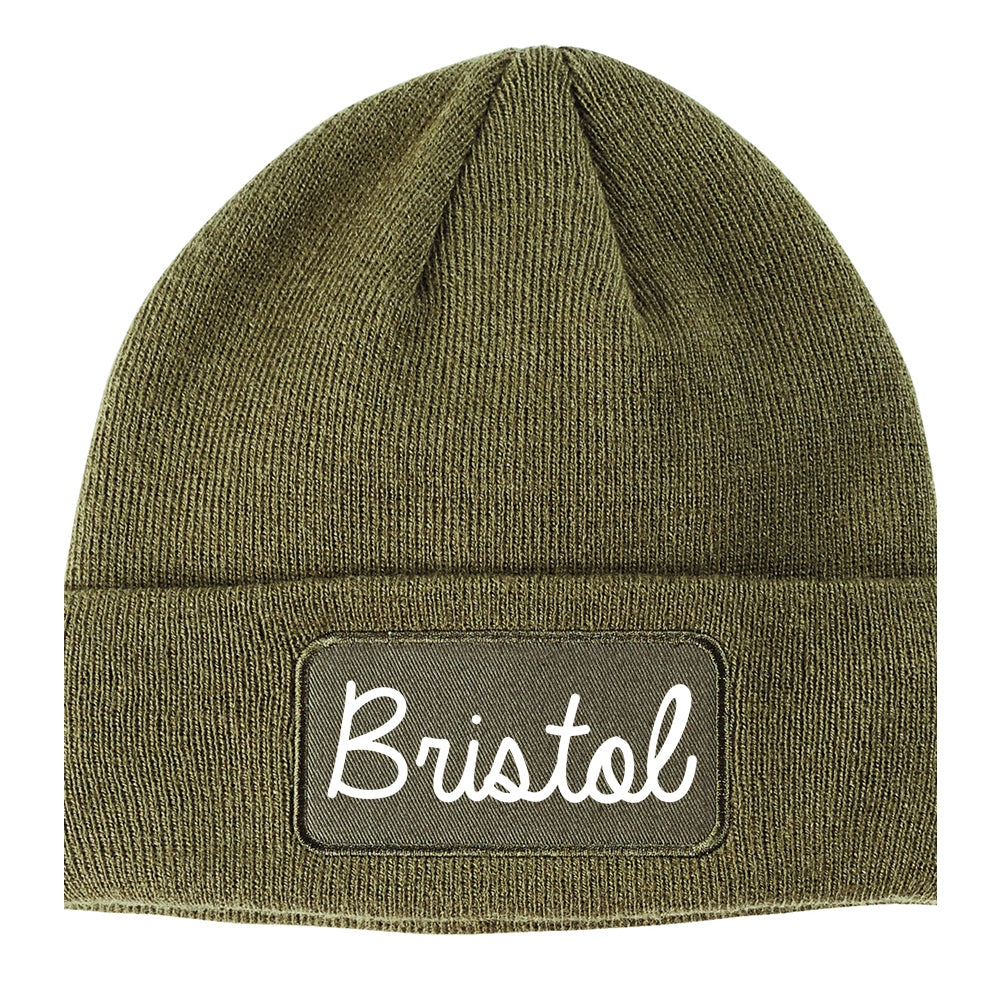 Bristol Connecticut CT Script Mens Knit Beanie Hat Cap Olive Green