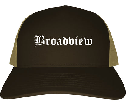 Broadview Illinois IL Old English Mens Trucker Hat Cap Brown