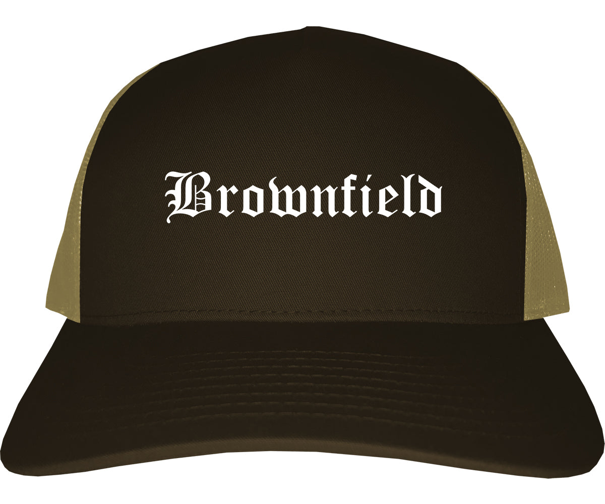 Brownfield Texas TX Old English Mens Trucker Hat Cap Brown