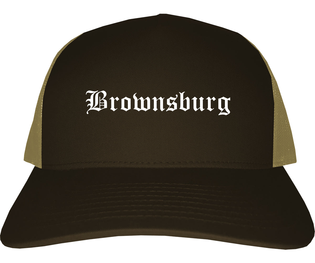 Brownsburg Indiana IN Old English Mens Trucker Hat Cap Brown