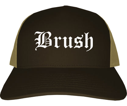 Brush Colorado CO Old English Mens Trucker Hat Cap Brown
