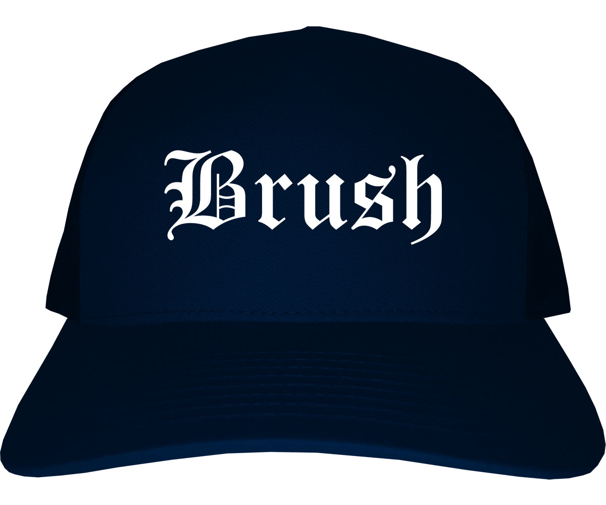 Brush Colorado CO Old English Mens Trucker Hat Cap Navy Blue