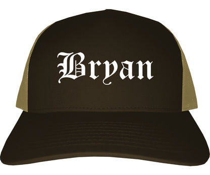 Bryan Ohio OH Old English Mens Trucker Hat Cap Brown