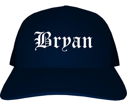 Bryan Ohio OH Old English Mens Trucker Hat Cap Navy Blue