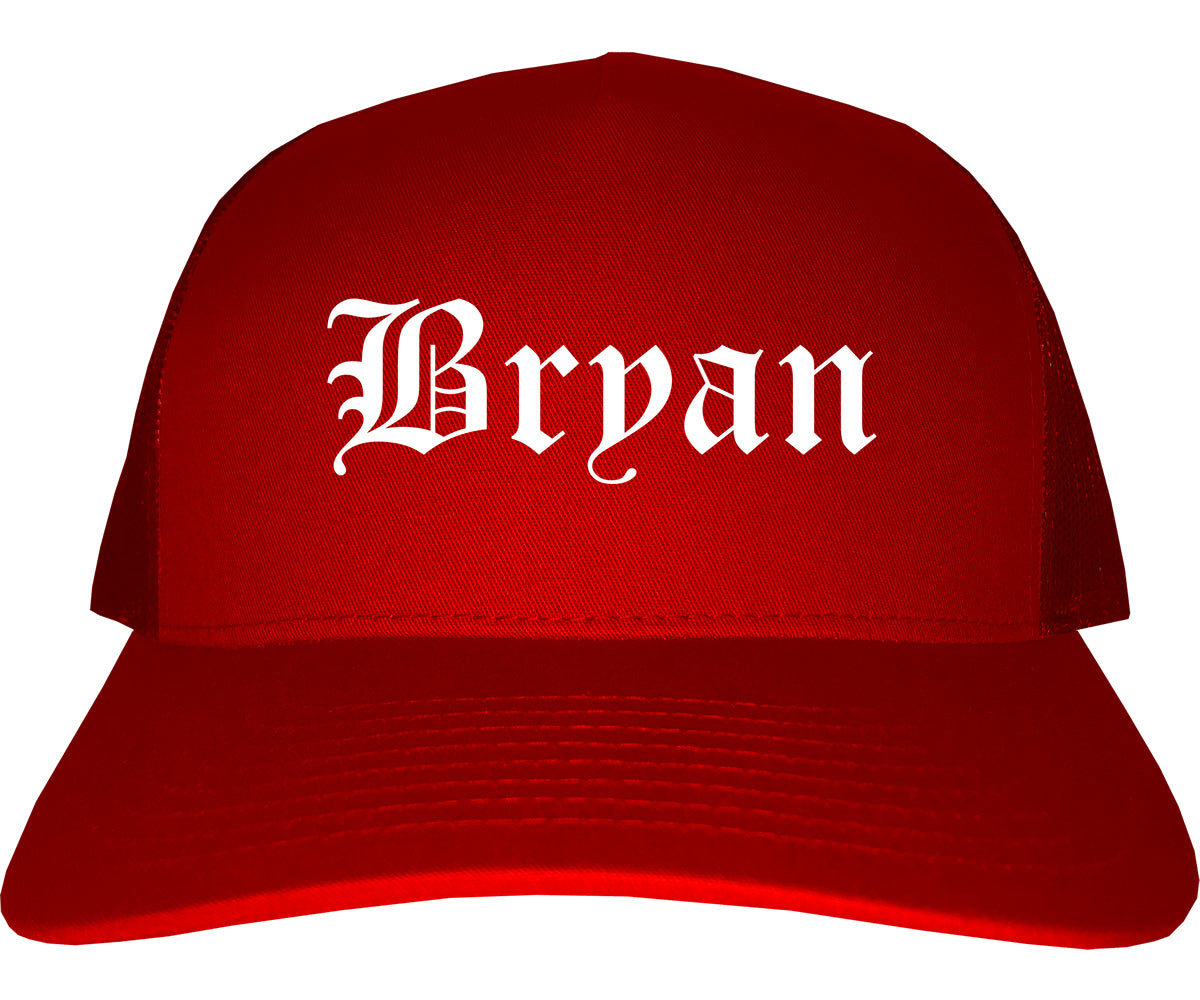 Bryan Ohio OH Old English Mens Trucker Hat Cap Red