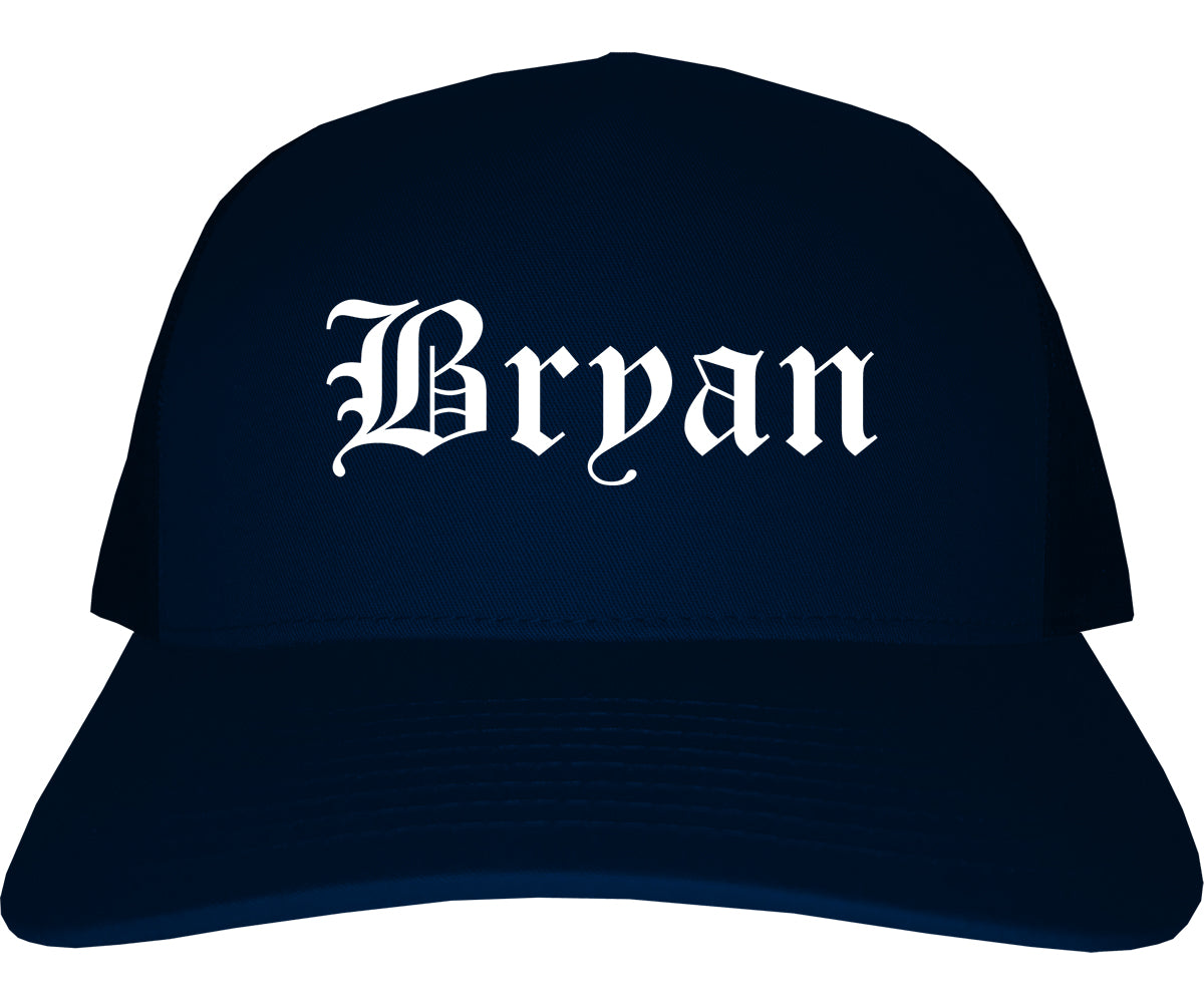 Bryan Texas TX Old English Mens Trucker Hat Cap Navy Blue