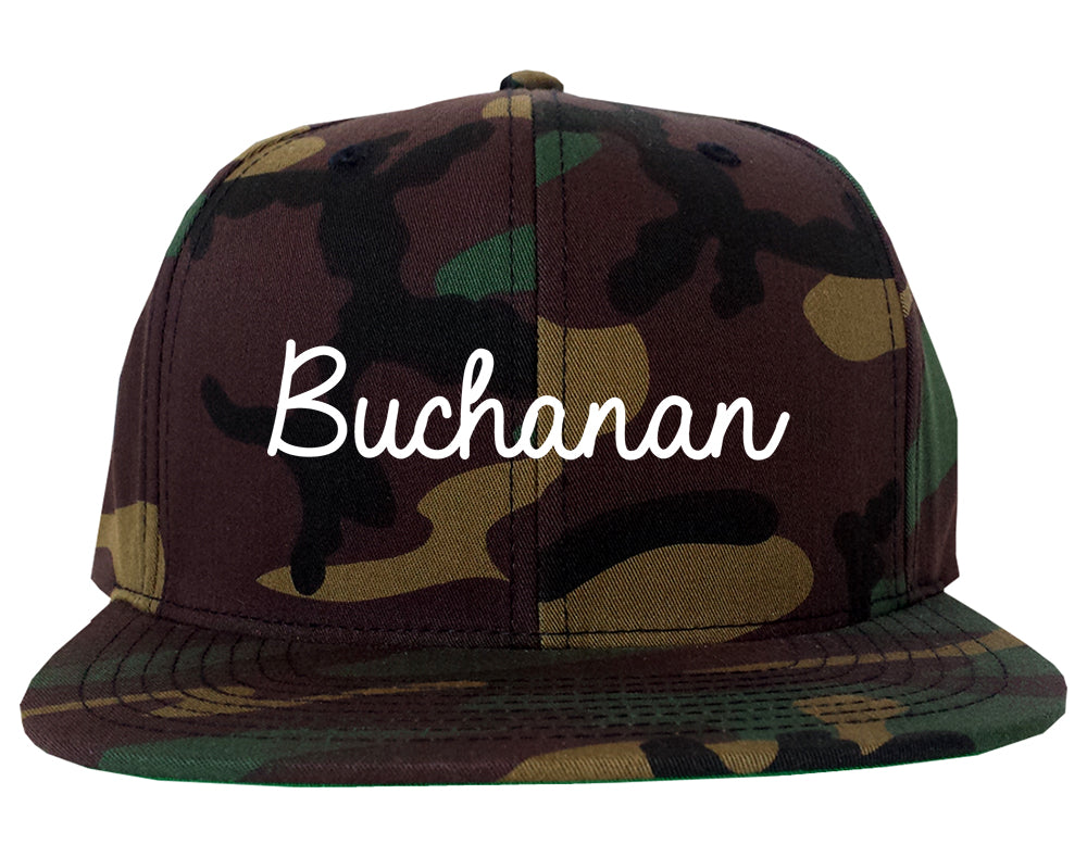 Buchanan Michigan MI Script Mens Snapback Hat Army Camo