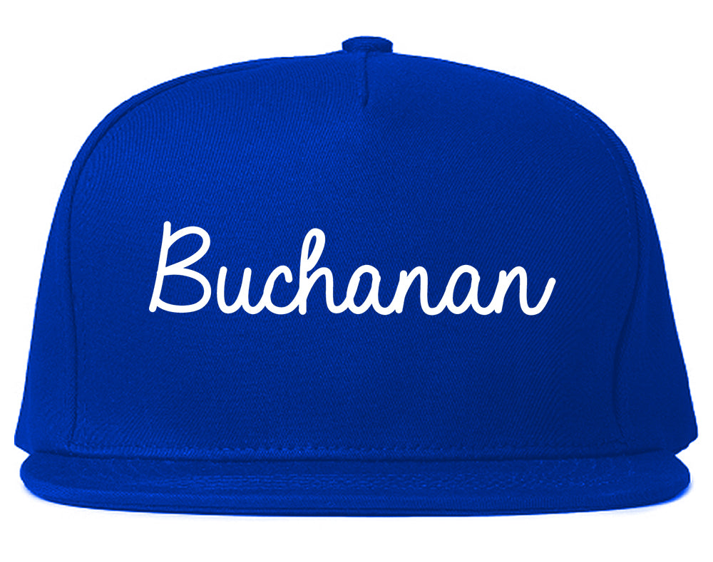 Buchanan Michigan MI Script Mens Snapback Hat Royal Blue