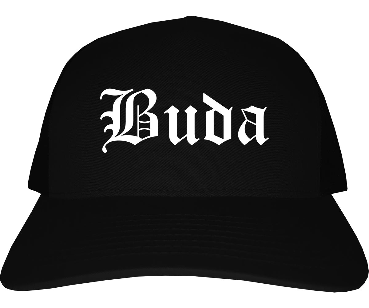 Buda Texas TX Old English Mens Trucker Hat Cap Black