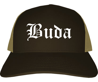 Buda Texas TX Old English Mens Trucker Hat Cap Brown