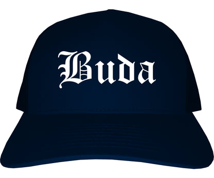 Buda Texas TX Old English Mens Trucker Hat Cap Navy Blue