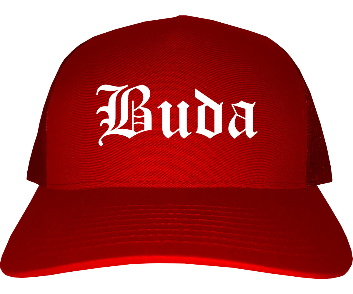 Buda Texas TX Old English Mens Trucker Hat Cap Red