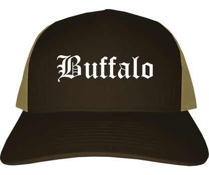 Buffalo Wyoming WY Old English Mens Trucker Hat Cap Brown