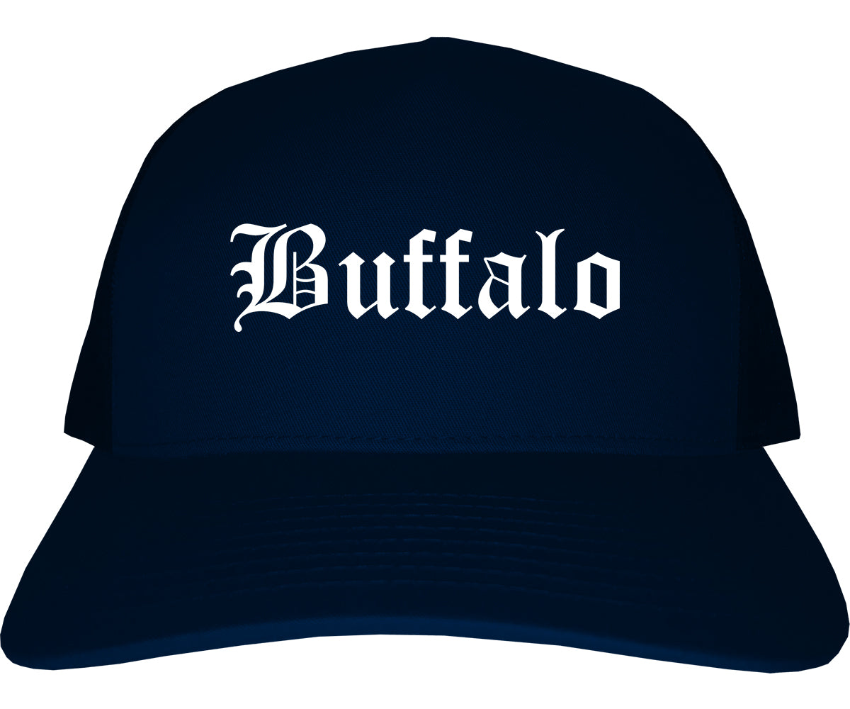 Buffalo Wyoming WY Old English Mens Trucker Hat Cap Navy Blue
