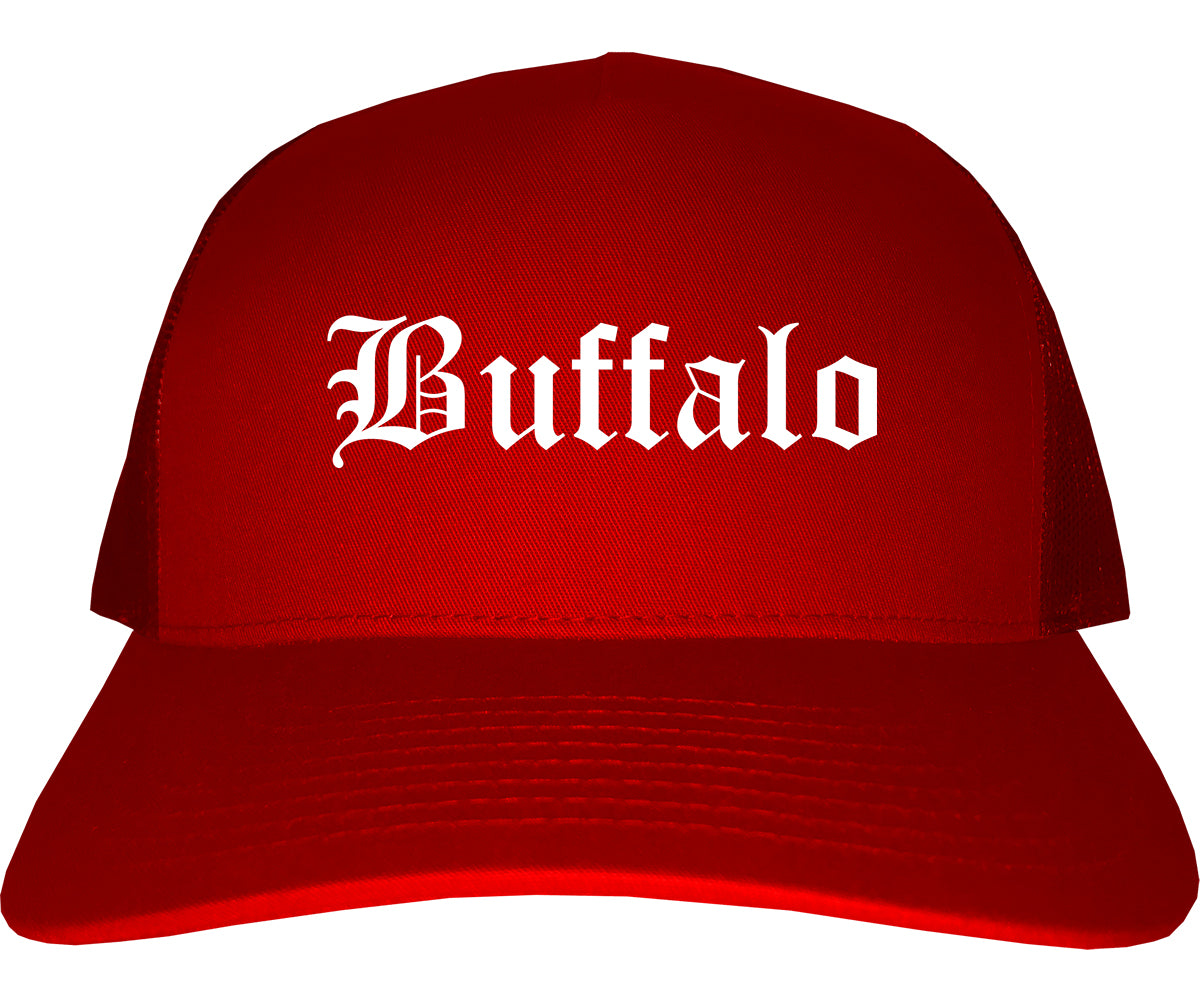 Buffalo Wyoming WY Old English Mens Trucker Hat Cap Red
