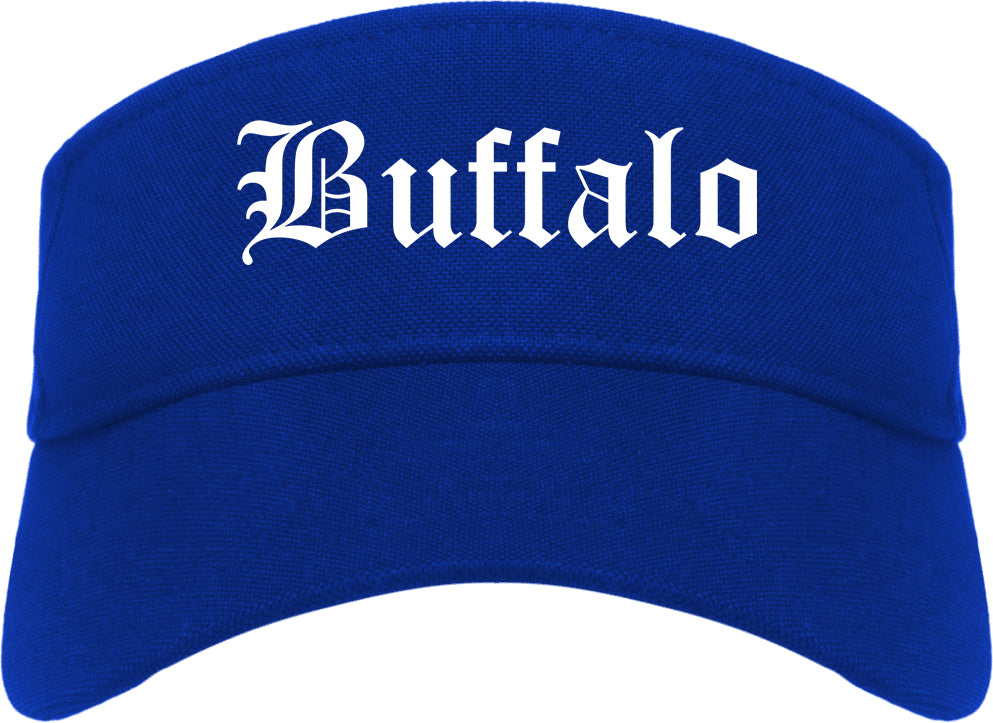Buffalo Wyoming WY Old English Mens Visor Cap Hat Royal Blue