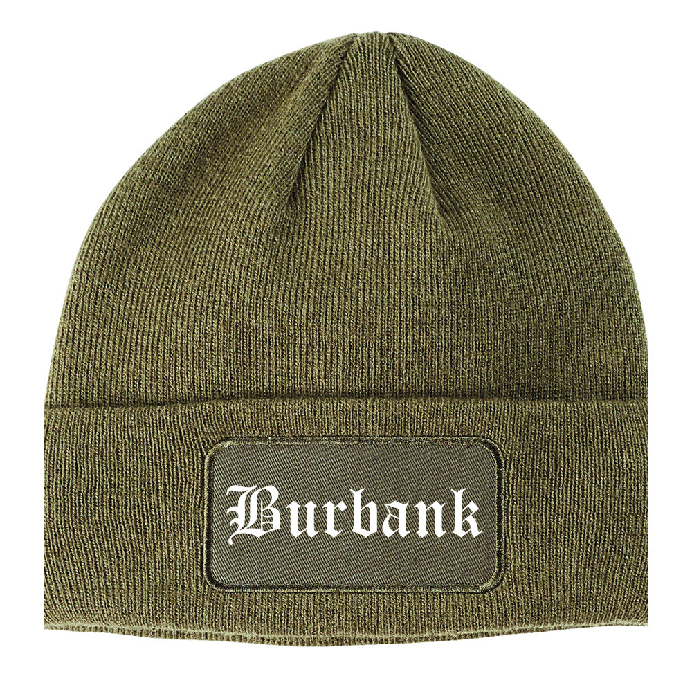 Burbank California CA Old English Mens Knit Beanie Hat Cap Olive Green