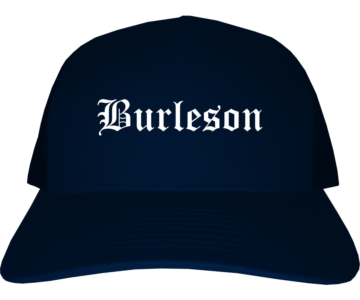 Burleson Texas TX Old English Mens Trucker Hat Cap Navy Blue