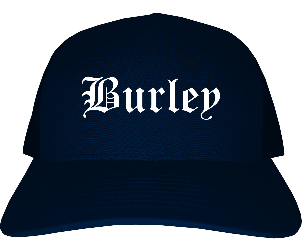 Burley Idaho ID Old English Mens Trucker Hat Cap Navy Blue
