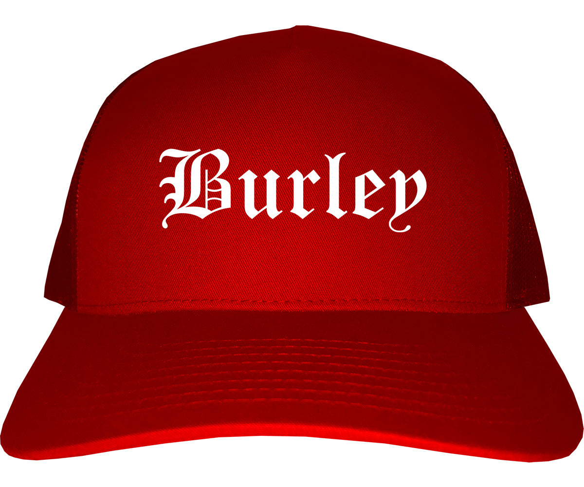 Burley Idaho ID Old English Mens Trucker Hat Cap Red